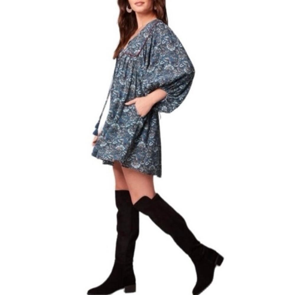 Band of the Free puff sleeve pocket short mini dress Aqua Teal floral BOG Small - Picture 16 of 16